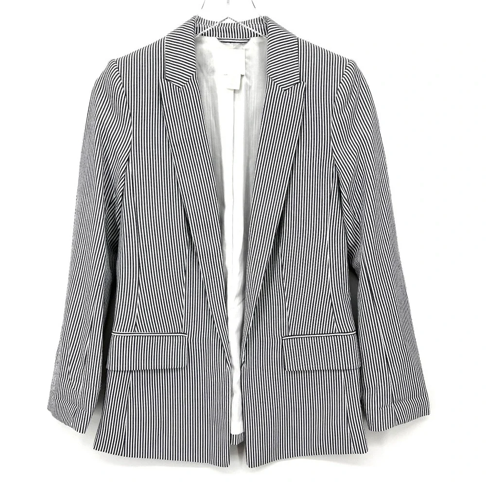 H&M Seersucker Blazer Jacket Womens Size 2 Blue White Pinstripe Preppy Old Money